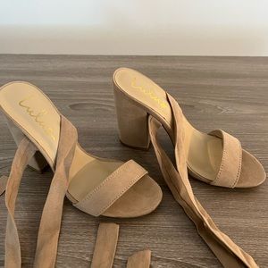 Lulu nude suede lace up heels. 3.75 inch block heel.